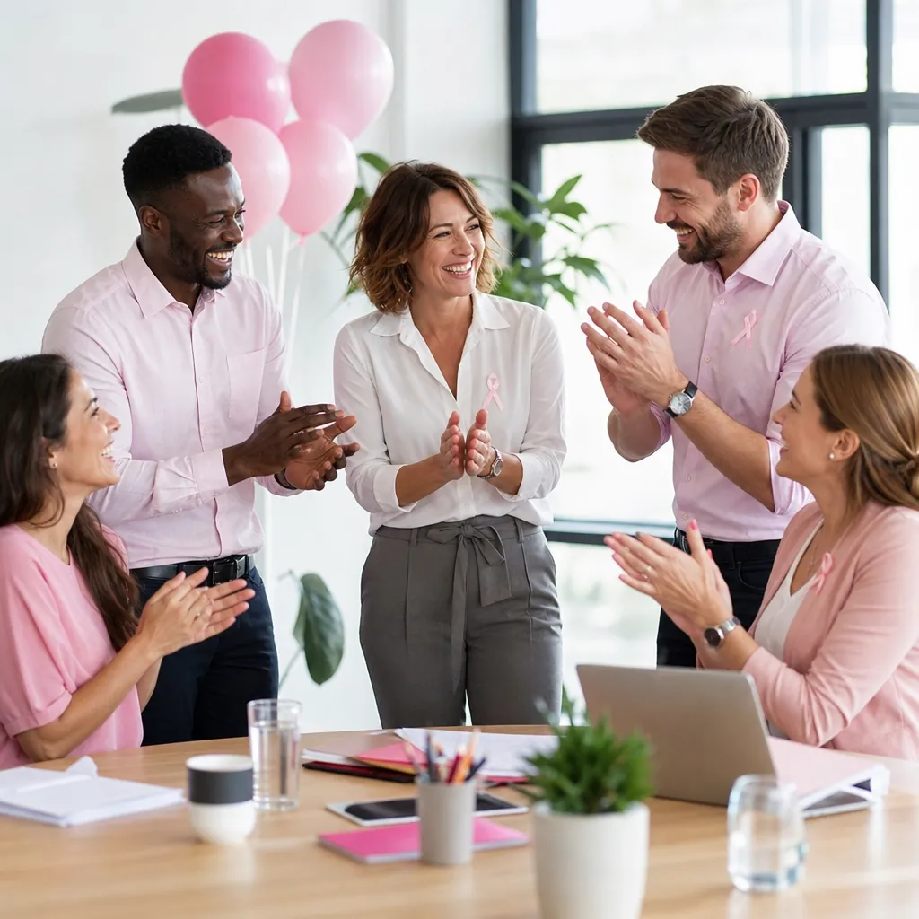 Équipe qui applaudit sous des ballons roses lors d’un défi solidaire Octobre Rose