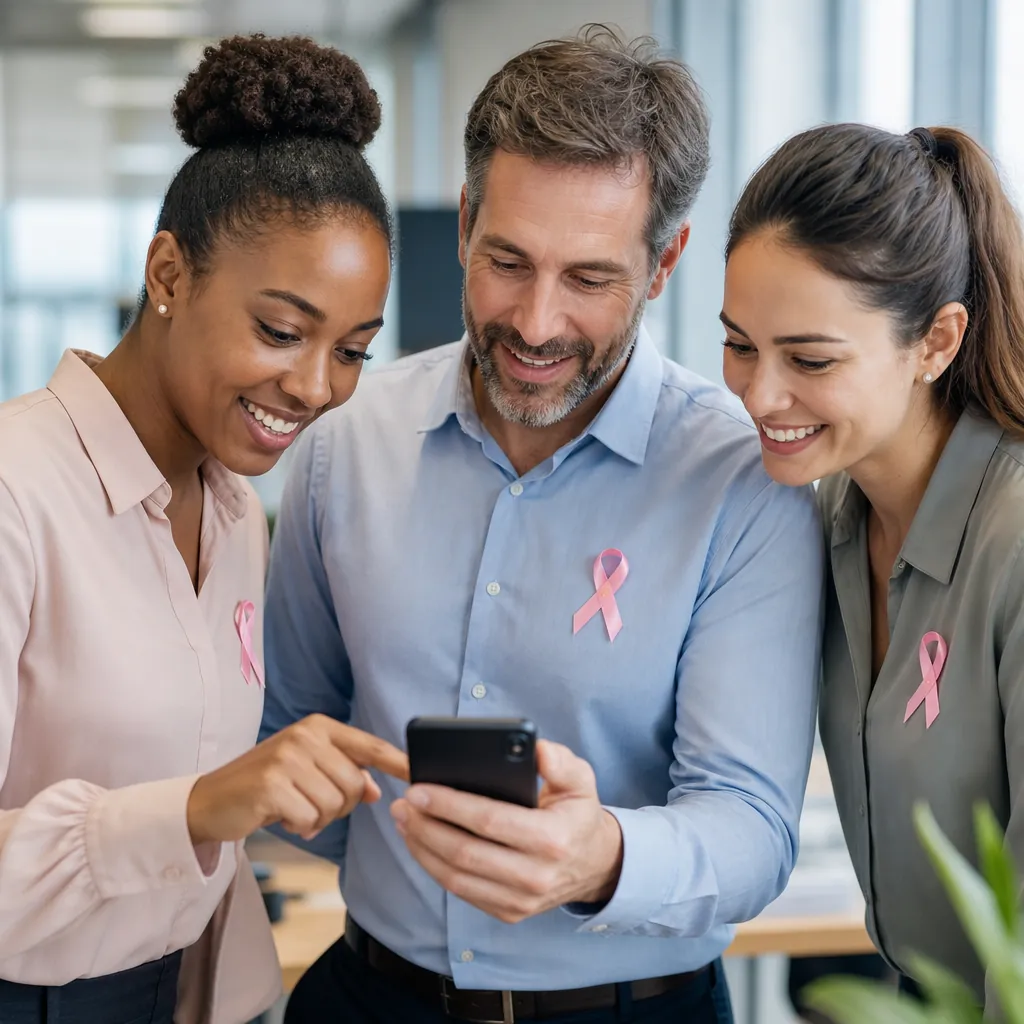 Collègues portant le ruban rose qui suivent un défi Octobre Rose sur smartphone au bureau